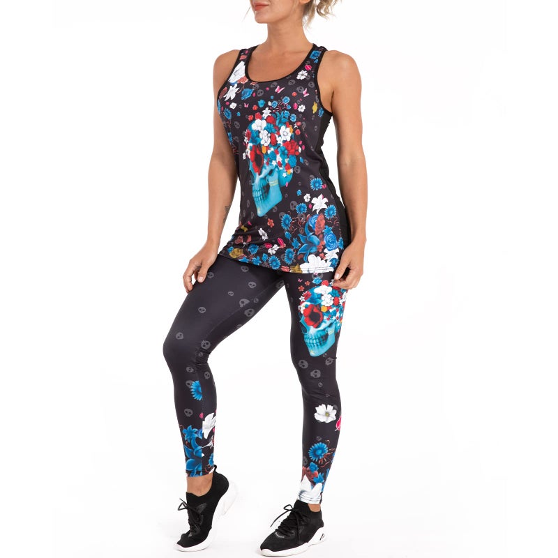 DRZHEAM Womenâ€™s Sugar Skull Yoga Outfits for Women 2 Piece Sets, Lounge Tank Tops Leggings Workout Activewear for Girls (US, Alpha, Small, Regular, Regular, Black) - Image 2