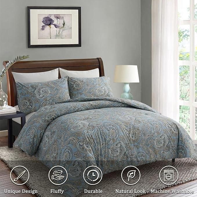 Cozaline 100% Cotton Duvet Cover King Size Blue Boho Paisley Pattern Duvet Cover Sets with Zipper Closure 3 Pcs Soft & Breathable Luxury Bedding Sets - Image 2