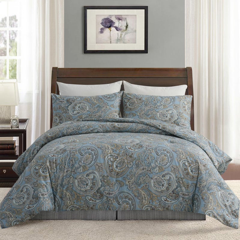 Cozaline 100% Cotton Duvet Cover King Size Blue Boho Paisley Pattern Duvet Cover Sets with Zipper Closure 3 Pcs Soft & Breathable Luxury Bedding Sets - Image 1