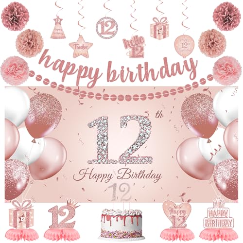 Roetyce 12th Birthday Decorations for Girls 20PCS Rose Gold 12th Birthday Banner Pom Poms Hanging Swirls Centerpiece Cake Topper Kit Pink Happy 12th Birthday Party Decor for Her 12th BDay Backdrop - Image 1
