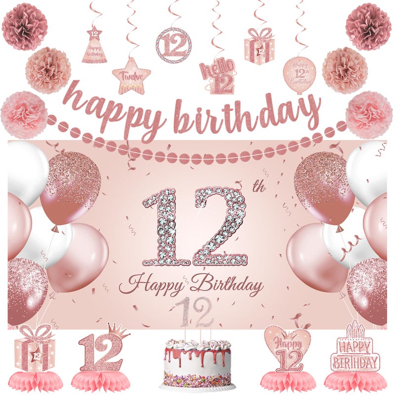 Roetyce 12th Birthday Decorations for Girls 20PCS Rose Gold 12th Birthday Banner Pom Poms Hanging Swirls Centerpiece Cake Topper Kit Pink Happy 12th Birthday Party Decor for Her 12th BDay Backdrop - Image 2