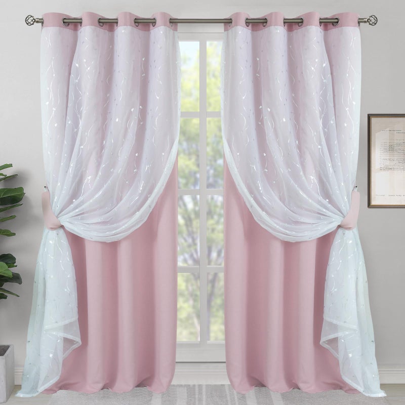 BGment Long Pink Blackout Curtains with Silver Printed Sheer Overlay for Bedroom 95 Inches Long Grommet Double Layer Thermal Insulated Window Curtains for Girl Nursery 2 Panels 52 x 95 Inch