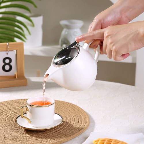 Auxmeware - Small Ceramic Teapot With Stainless Steel Infuser For Loose Tea And Blooming Tea, Heat Resistant Ceramic Tea Pot And Tea Kettle, Perfect Tea Maker, White Teapot 350ml/12.0oz - Image 4
