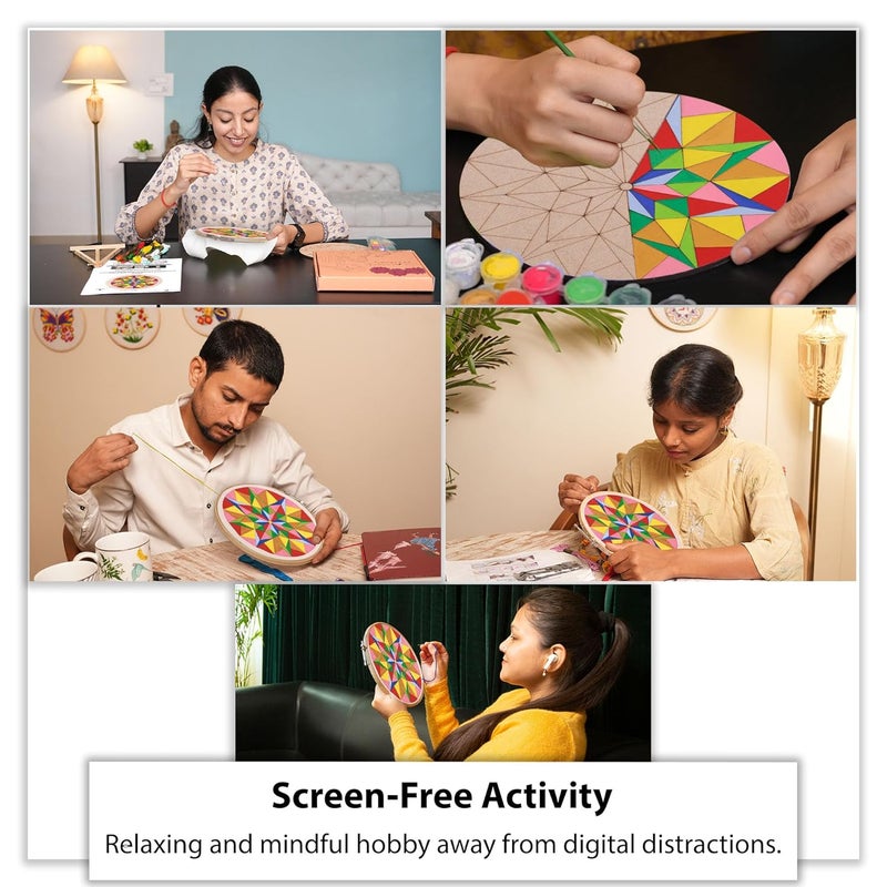 picknMAKE Mandala Art Kit for Adults | Combo of Mandala Embroidery Kit & Mandala Coloring Kit | DIY Craft Kit with Water Colors, Painting Brush, Threads, Hoop, Needle & All Materials | New Hobby Kit - Image 4