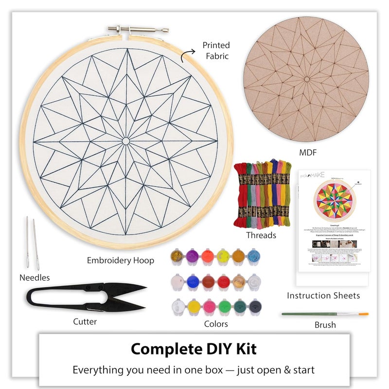 picknMAKE Mandala Art Kit for Adults | Combo of Mandala Embroidery Kit & Mandala Coloring Kit | DIY Craft Kit with Water Colors, Painting Brush, Threads, Hoop, Needle & All Materials | New Hobby Kit - Image 3