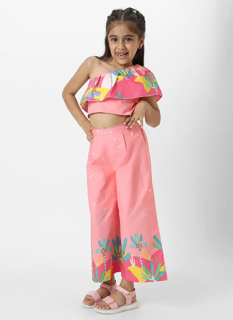 Nautinati Nautinati Girls' Peach Combo Set of Floral Printed One Shoulder Top with Matching Full Length Bottom