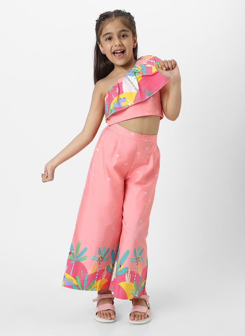 نوتيناتي طقم ناتيناتي بناتي خوخي بلوزة بكتف واحد مطبوعة بالزهور مع بنطلون طويل مطابق - Image 1