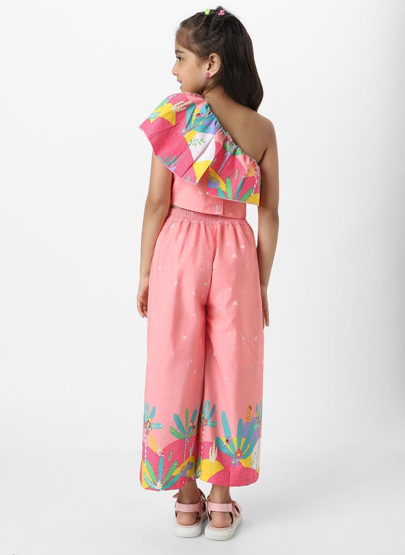 نوتيناتي طقم ناتيناتي بناتي خوخي بلوزة بكتف واحد مطبوعة بالزهور مع بنطلون طويل مطابق - Image 3