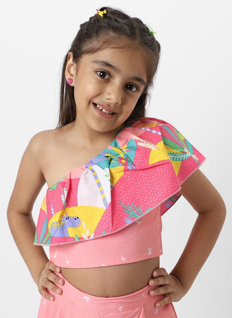 نوتيناتي طقم ناتيناتي بناتي خوخي بلوزة بكتف واحد مطبوعة بالزهور مع بنطلون طويل مطابق - Image 4