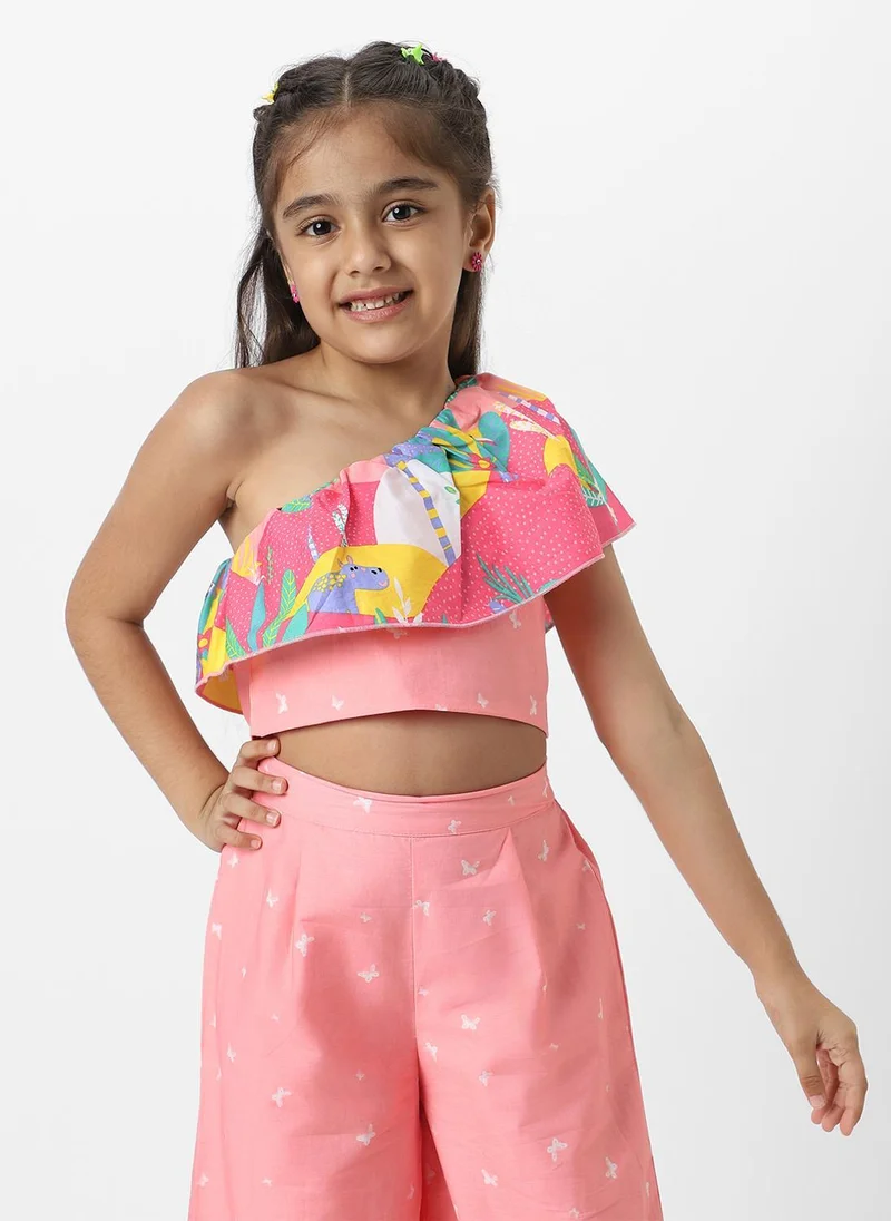 Nautinati  Nautinati Girls' Peach Combo Set of Floral Printed One Shoulder Top with Matching Full Length Bottom for Women | Best Price UAE