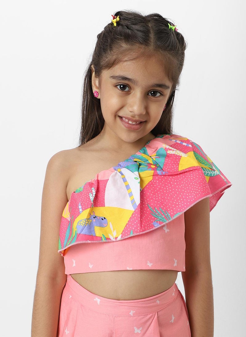 نوتيناتي طقم ناتيناتي بناتي خوخي بلوزة بكتف واحد مطبوعة بالزهور مع بنطلون طويل مطابق - Image 5