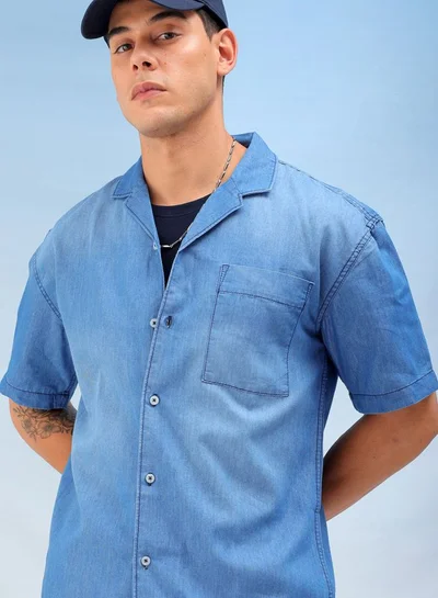 The Indian Garage Co Men Relaxed Fit Solid Half Sleeves Camp Collar Street Wear Denim Shirt