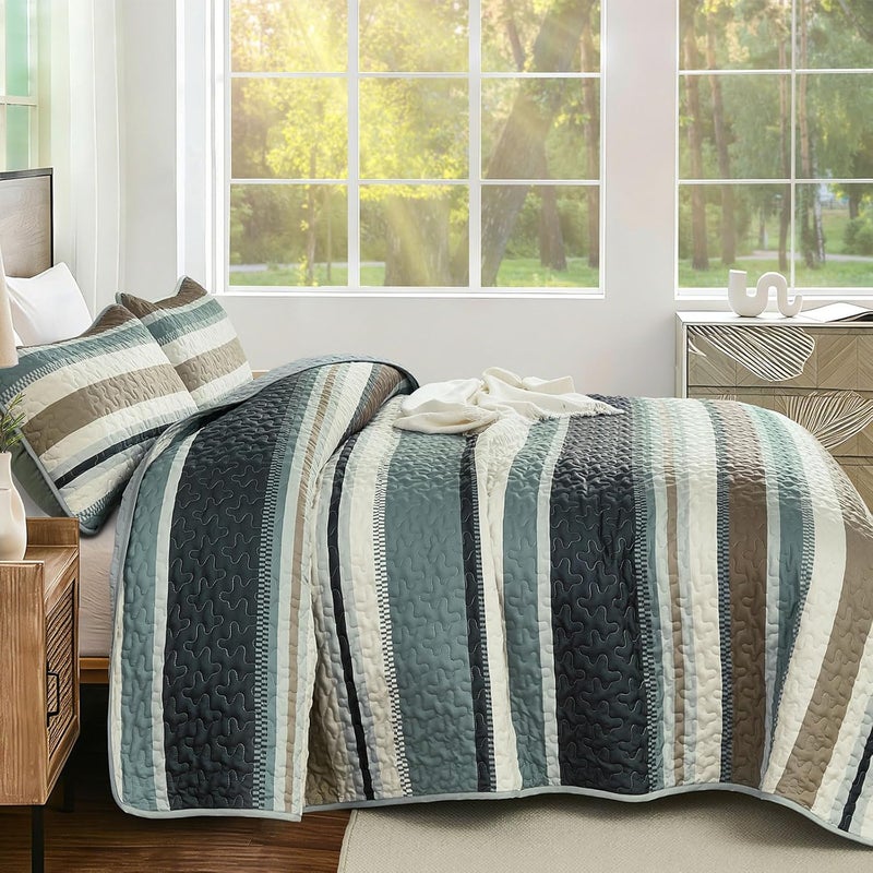 WONGS BEDDING مجموعة بطانيات من WONGS لحجم كينغ سايز، بطانية بألوان سوداء مخطوطة، مجموعات أغطية صيفية، تتكون من 3 قطع، بطانيات خفيفة بألوان زرقاء وبنية، مقاس 110" × 90". - Image 3