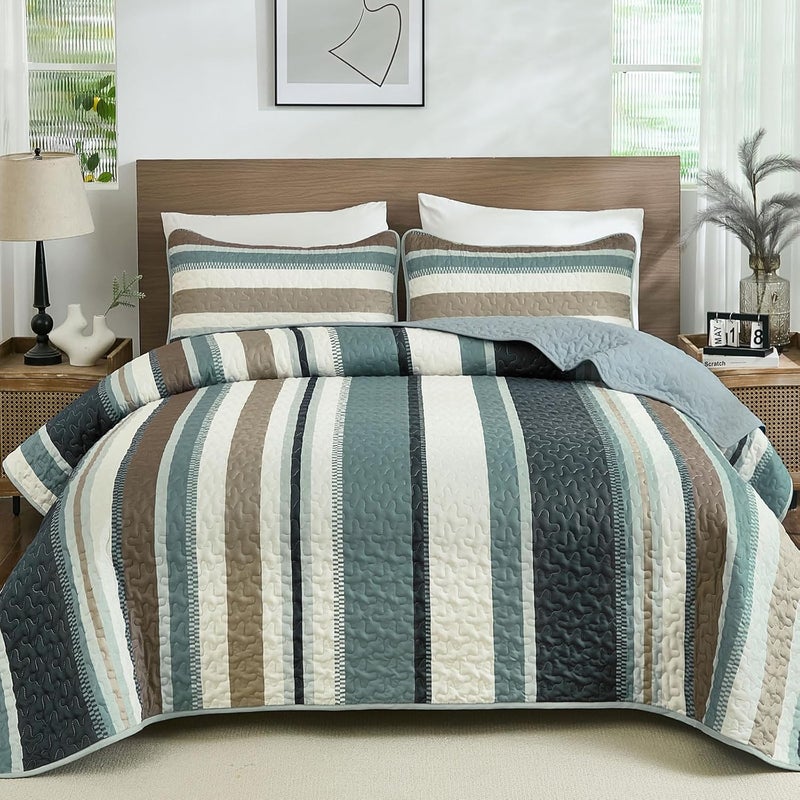 WONGS BEDDING مجموعة بطانيات من WONGS لحجم كينغ سايز، بطانية بألوان سوداء مخطوطة، مجموعات أغطية صيفية، تتكون من 3 قطع، بطانيات خفيفة بألوان زرقاء وبنية، مقاس 110" × 90". - Image 5