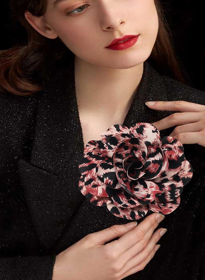 MarveBard Classic Leopard Print Large Flower Brooch for Women Vintage Handmade Extra Large Satin Fabric Floral Brooch Pin Dainty Leopard Rose Flower Large Pin Elegant Clothing Hat Bag Accessories Christmas Wedding Bridal Birthday Jewelry (Magenta) - Image 2