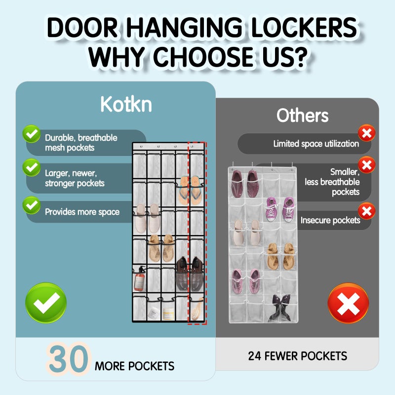 Kotkn Over the Door Shoe Organizer with 30 Breathable Mesh Pockets - Large Capacity Closet Storage for Men & Women, Hanging Shoe Rack Organizer (2PC-White) - Image 4