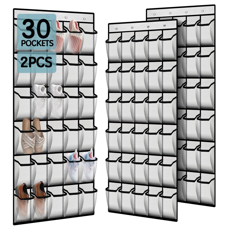 Kotkn Over the Door Shoe Organizer with 30 Breathable Mesh Pockets - Large Capacity Closet Storage for Men & Women, Hanging Shoe Rack Organizer (2PC-White) - Image 1