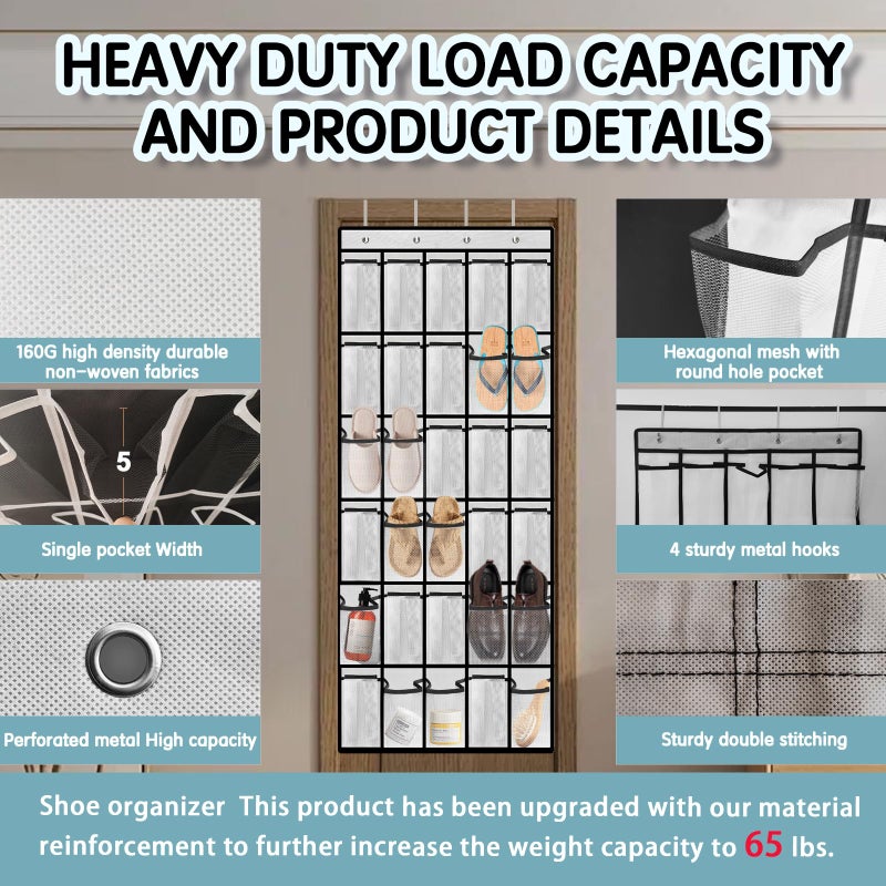 Kotkn Over the Door Shoe Organizer with 30 Breathable Mesh Pockets - Large Capacity Closet Storage for Men & Women, Hanging Shoe Rack Organizer (2PC-White) - Image 2