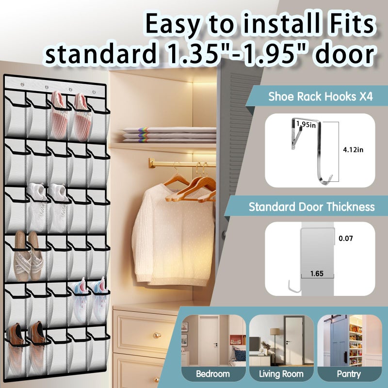 Kotkn Over the Door Shoe Organizer with 30 Breathable Mesh Pockets - Large Capacity Closet Storage for Men & Women, Hanging Shoe Rack Organizer (2PC-White) - Image 5