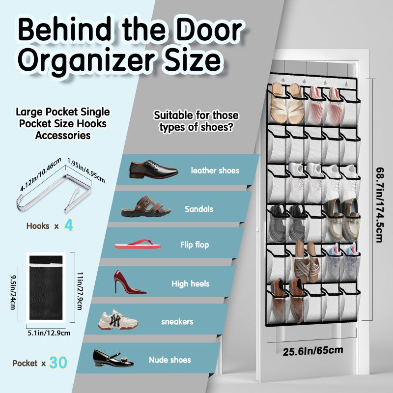 Kotkn Over the Door Shoe Organizer with 30 Breathable Mesh Pockets - Large Capacity Closet Storage for Men & Women, Hanging Shoe Rack Organizer (2PC-White) - Image 3