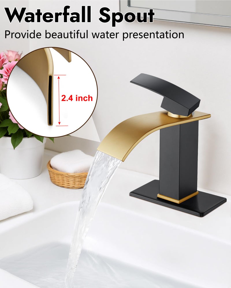 Midanya Bathroom Sink Faucet Single Handle Suitable for 1 or 3 Holes with Deck Plate and Pop-Up Drain,Waterfall Bathroom Faucets for Vanity,Basin,Rv,Lavatory Sink,Brushed Gold Spout/Matte Black - Image 2
