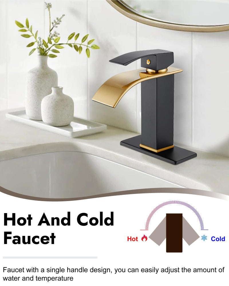 Midanya Bathroom Sink Faucet Single Handle Suitable for 1 or 3 Holes with Deck Plate and Pop-Up Drain,Waterfall Bathroom Faucets for Vanity,Basin,Rv,Lavatory Sink,Brushed Gold Spout/Matte Black - Image 3