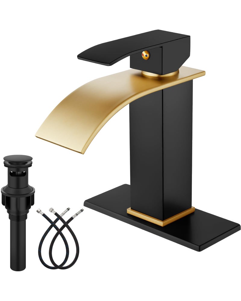 Midanya Bathroom Sink Faucet Single Handle Suitable for 1 or 3 Holes with Deck Plate and Pop-Up Drain,Waterfall Bathroom Faucets for Vanity,Basin,Rv,Lavatory Sink,Brushed Gold Spout/Matte Black - Image 1