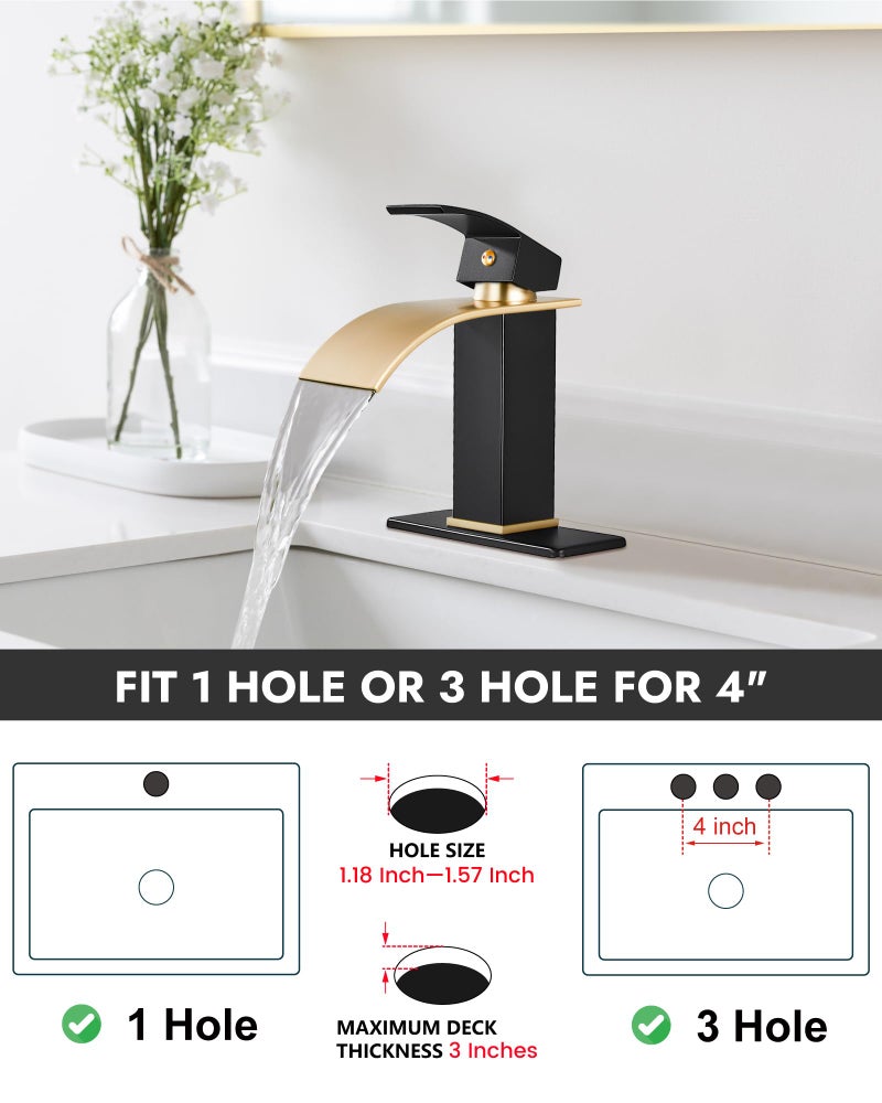 Midanya Bathroom Sink Faucet Single Handle Suitable for 1 or 3 Holes with Deck Plate and Pop-Up Drain,Waterfall Bathroom Faucets for Vanity,Basin,Rv,Lavatory Sink,Brushed Gold Spout/Matte Black - Image 4