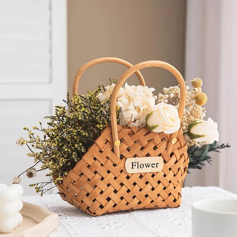 Koolouispoper Wood Baskets Woven Hand-Held Wicker Cachepot For Flowers Pot Wicker Baskets Girl Storage Basket with Handle Wedding Home Decor - Image 1