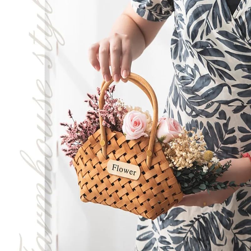 Koolouispoper Wood Baskets Woven Hand-Held Wicker Cachepot For Flowers Pot Wicker Baskets Girl Storage Basket with Handle Wedding Home Decor - Image 5