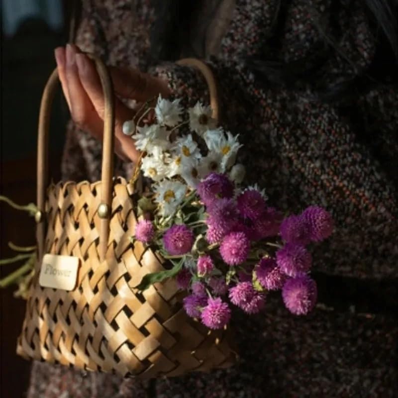 Koolouispoper Wood Baskets Woven Hand-Held Wicker Cachepot For Flowers Pot Wicker Baskets Girl Storage Basket with Handle Wedding Home Decor - Image 3