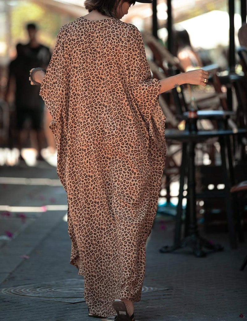 Bsubseach Beach Kaftan Dresses Button Down Long Rayon Caftan Swim Cover Up Muumuu Dress Oversized Coverups with Pockets Leopard Print - Image 5