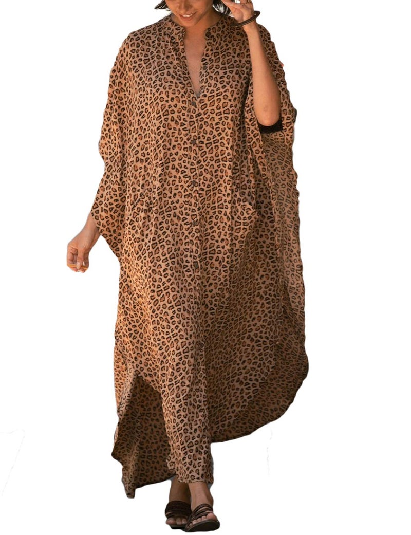 Bsubseach Beach Kaftan Dresses Button Down Long Rayon Caftan Swim Cover Up Muumuu Dress Oversized Coverups with Pockets Leopard Print - Image 1