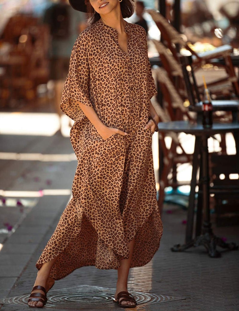 Bsubseach Beach Kaftan Dresses Button Down Long Rayon Caftan Swim Cover Up Muumuu Dress Oversized Coverups with Pockets Leopard Print - Image 3