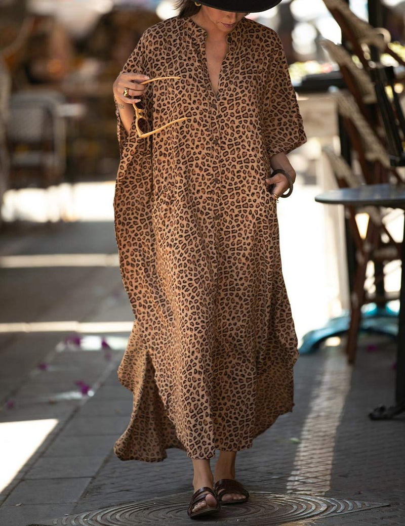 Bsubseach Beach Kaftan Dresses Button Down Long Rayon Caftan Swim Cover Up Muumuu Dress Oversized Coverups with Pockets Leopard Print - Image 4