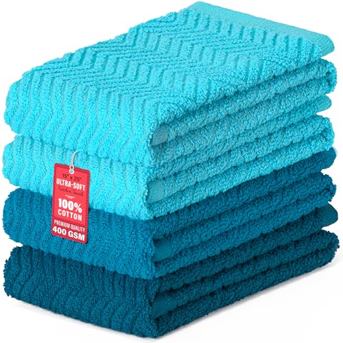 DecorRack 100 Cotton Kitchen Towels 15 x 25 Absorbent Dish Towels Premium Quality 400 GSM Blue Ocean Set Pack of 4