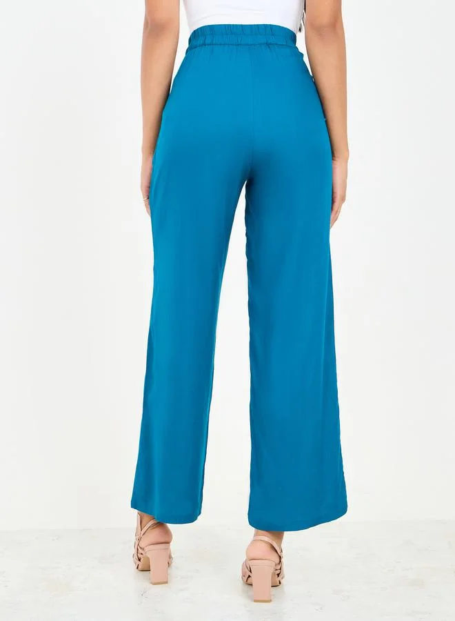 Styli High Rise Wide Leg Pants with Drawcord Waist