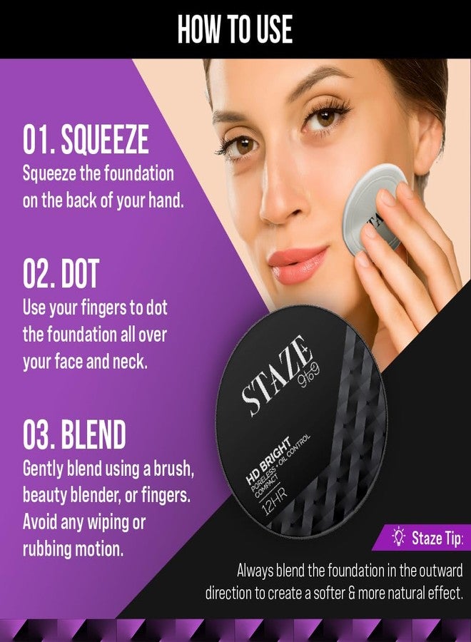 Staze 9to9 HD Bright Compact | 12hrs long stay | Poreless Matte Finish + Oil Control | Evens out Complexion, Blends effortlessly | Lightweight Microfine Formula with Vitamin E | 125W Vanilla 9g - Image 2