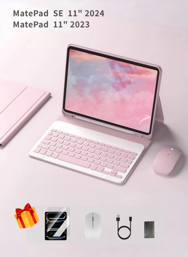 MatePad SE 11 Cover, Tablet 11 Inch  Bluetooth Keyboard Case, Detachable Wireless Keyboard With Pen Holder Ultra-Thin Leather Smart Case With Mouse+ Free Anti-Glare Screen Protector-Anti-Drop And Sandstorm Proof- Pink - Image 1