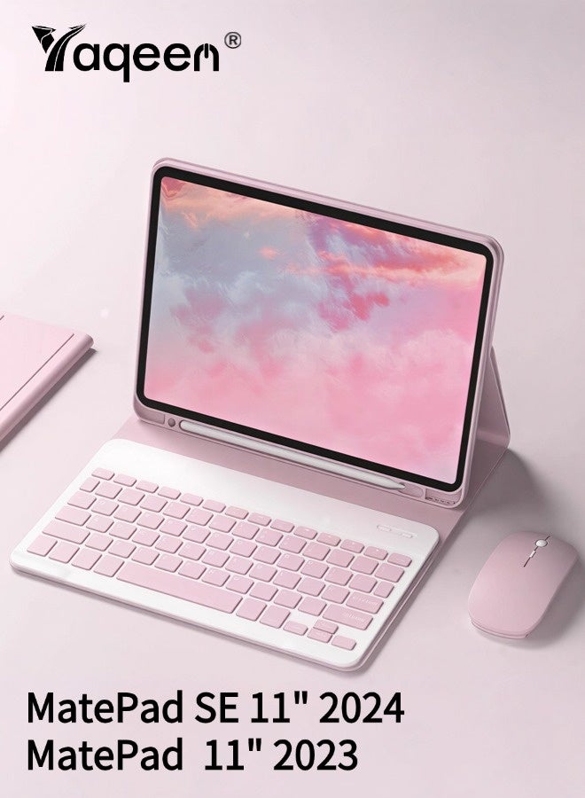 Yaqeen MatePad SE 11 Cover, Tablet 11 Inch Bluetooth Keyboard Case, Detachable Wireless Keyboard With Pen Holder Ultra-Thin Leather Smart Case With Mouse+ Free Anti-Glare Screen Protector-Anti-Drop And Sandstorm Proof- Pink