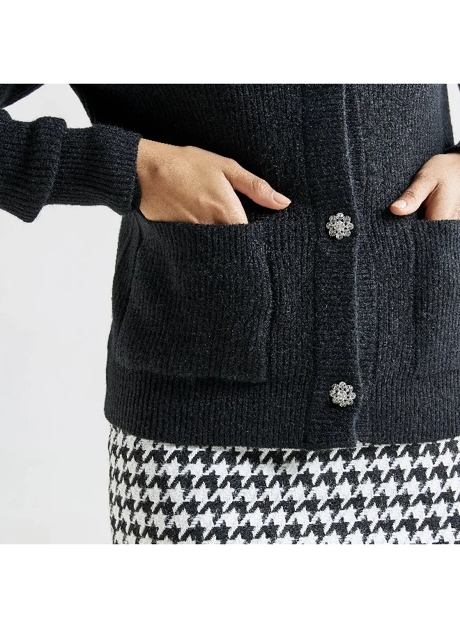 Splash FAV Textured Cardigan with Embellished Button Accents and Pockets