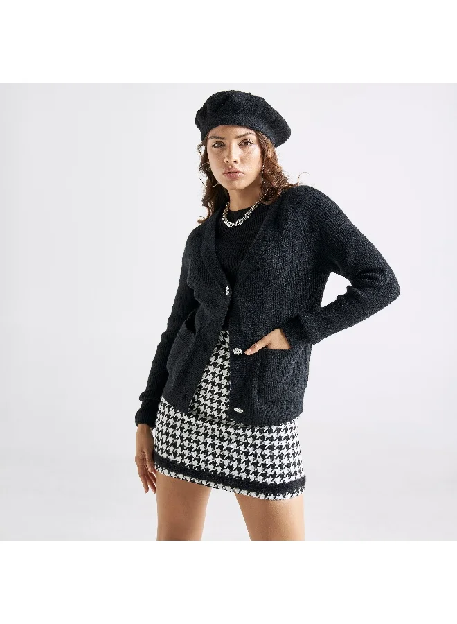 Splash FAV Textured Cardigan with Embellished Button Accents and Pockets