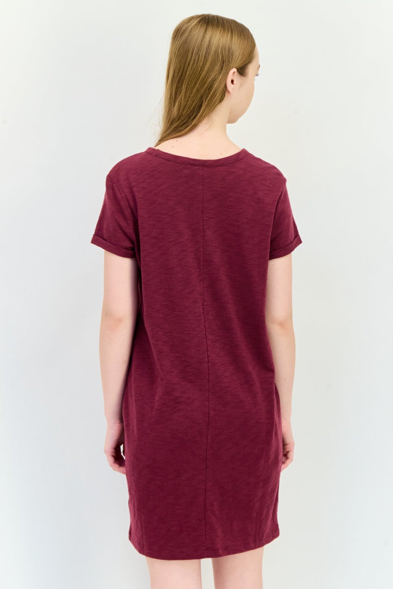 GAP Women Round Neck Short Sleeve Sleepwear Dress, Maroon - Image 3