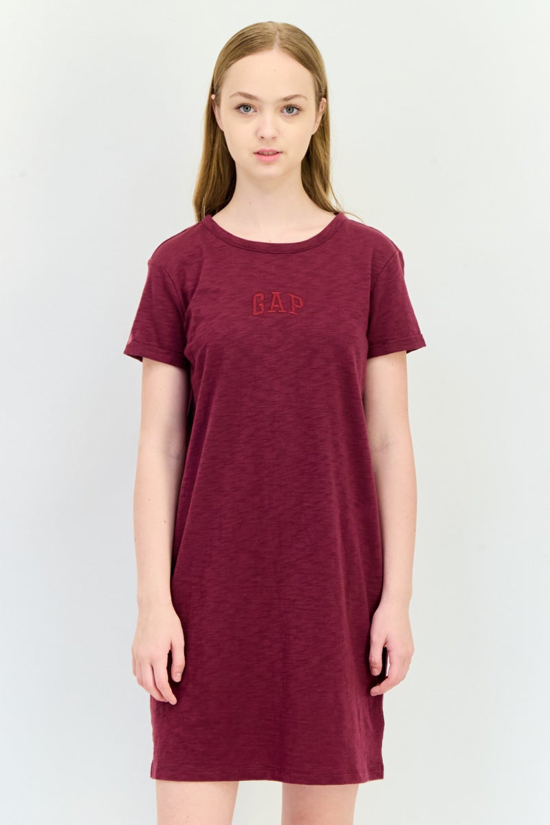 GAP Women Round Neck Short Sleeve Sleepwear Dress, Maroon - Image 1
