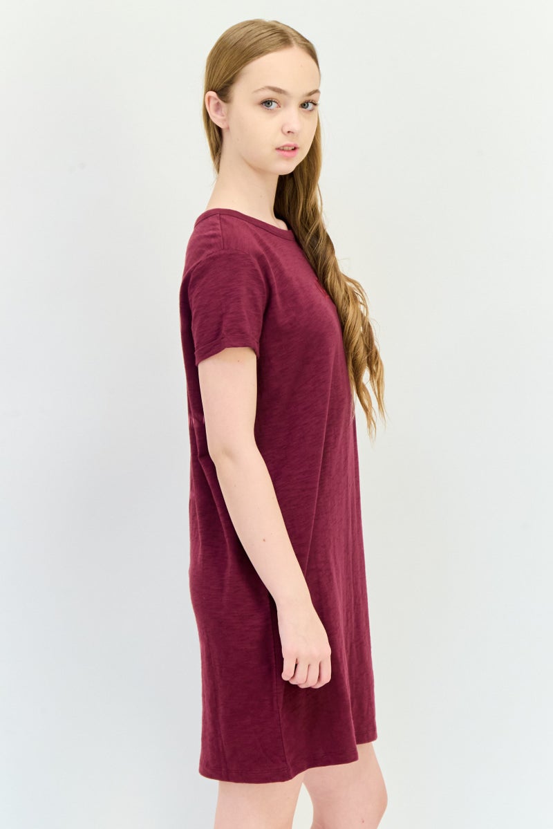 GAP Women Round Neck Short Sleeve Sleepwear Dress, Maroon - Image 2