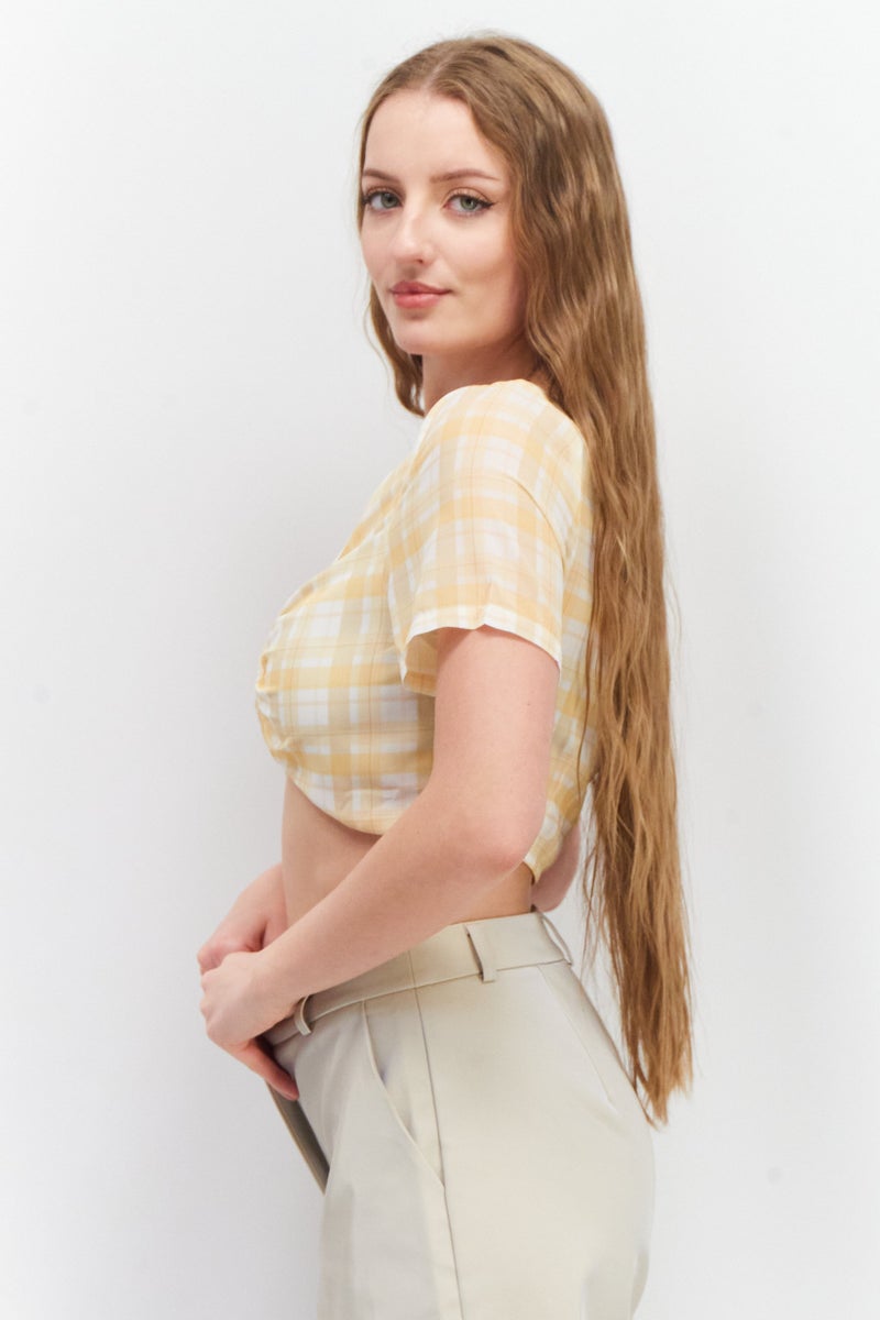 Unique21 Women V-Neck Short Sleeve Checkered Crop Top, Yellow - Image 3