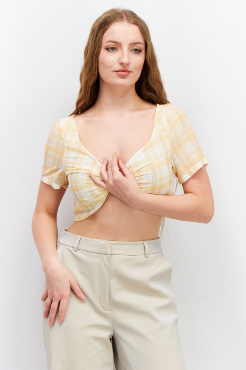 Unique21 Women V-Neck Short Sleeve Checkered Crop Top, Yellow - Image 1