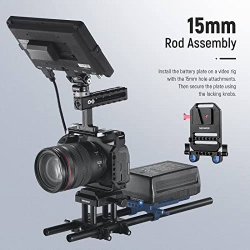 V Mount Battery Plate with Double Pole Clamps 15 mm, 1/4 Inch Threaded Holes, Metal for Camera Cage with 15 mm Rod Mount System, Compatible with SmallRig ST43 - Image 4