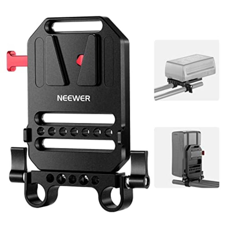 V Mount Battery Plate with Double Pole Clamps 15 mm, 1/4 Inch Threaded Holes, Metal for Camera Cage with 15 mm Rod Mount System, Compatible with SmallRig ST43 - Image 1