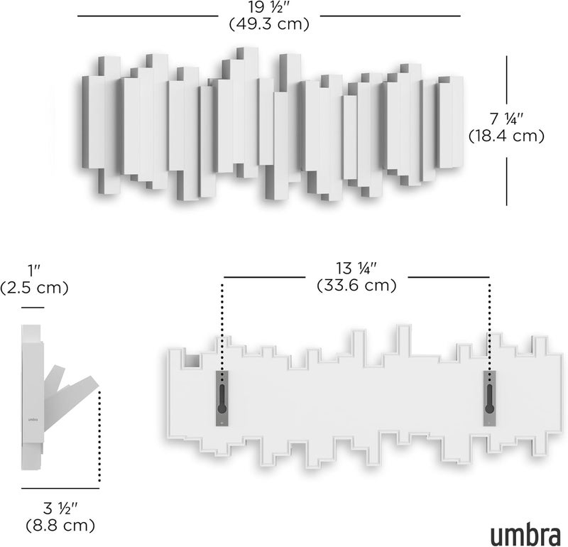 UMBRA Sticks Wall-Mounted Coat Rack Rail Hook with 5 Retractable Pegs – Modern, Space-Saving Storage Organizer, White - Image 3